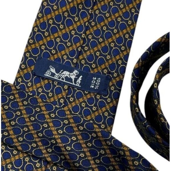 HERMÈS Men's 100% Silk Necktie LUXURY 764 UA Blue Striped Geometric W:3.4" EUC - Picture 2 of 5
